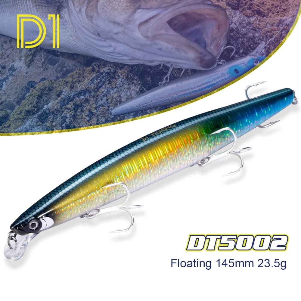 Leurre de pêche suspendu silencieux D1 Sea Assassin 145mm 23.5g 120mm Flottant Lumineux Artificiel de Qualité Wobbler Jackbait Hard Bait