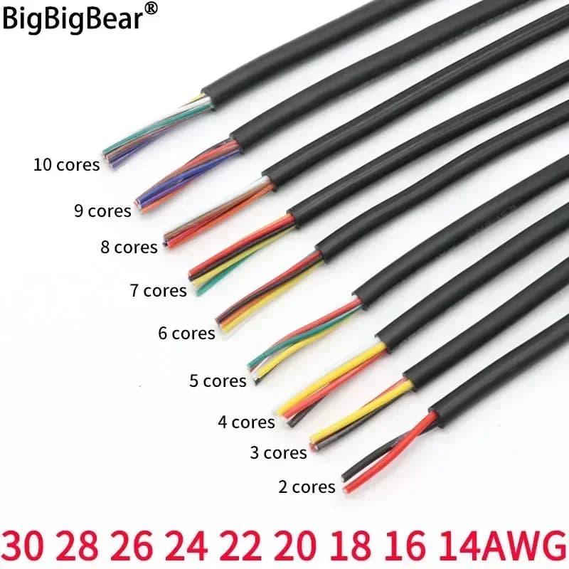 Câble à Fil Gainé en Cuivre, Signal, Audio, Électronique, 16, 18, 20, 22, 24, 26, 28, 30 AWG, 2, 3, 4, 5, 6, 7, 8, 9, 10 Noyaux, 2, 5 et 10 m, UL2464