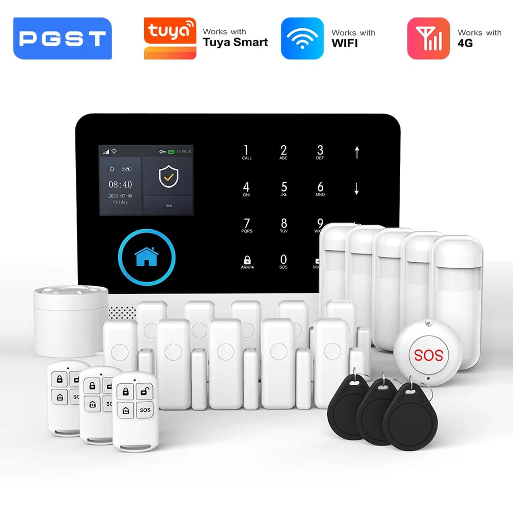 PGST kit alarme anti intrusion intelligent WiFi 4G Works with Tuya Smart Life système de sécurité sans fil pour maison appartement bureau contrôle par application installation facile sans frais