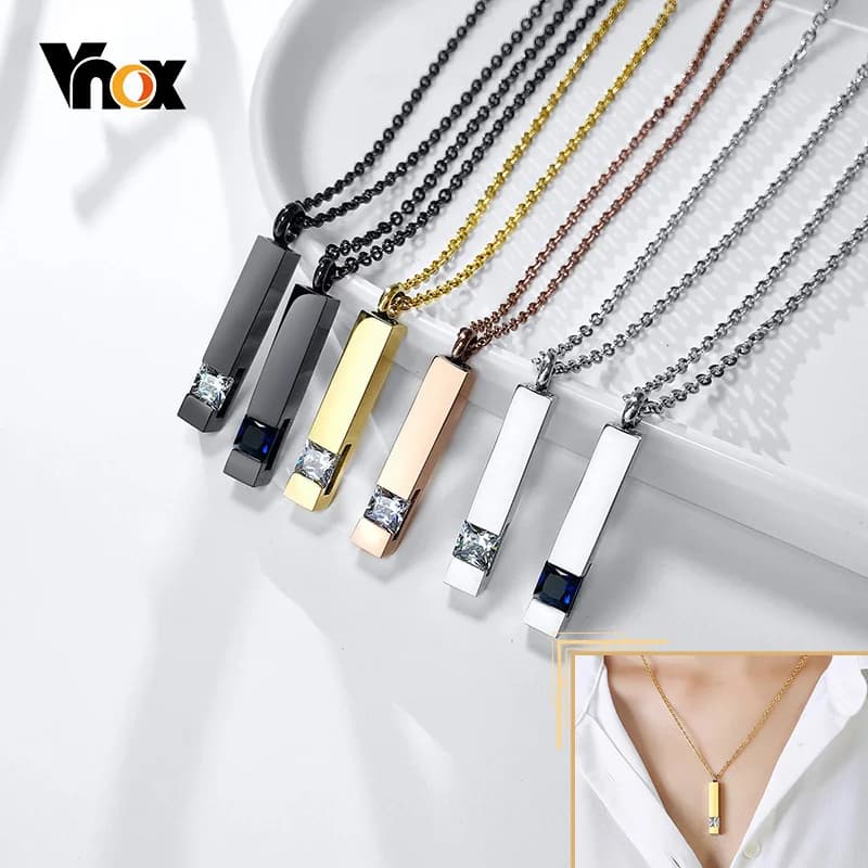 Vnox – colliers d'urne pour cendres, bijoux de crémation commémorative, pendentif de barre en acier inoxydable pour femmes et hommes, cadeau de souvenir avec pierre CZ