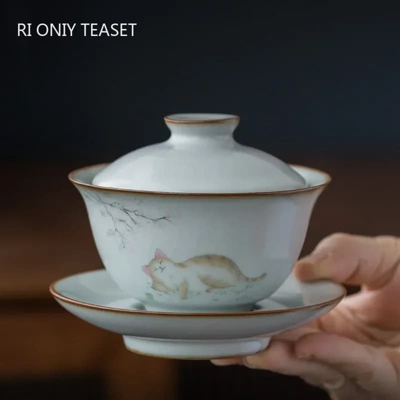 Gaiwan-Service à thé traditionnel en céramique, four Ru, bol à soupière, fait à la main, motif de chat, tasse à thé, voyage, portable, maison, verres, 160ml