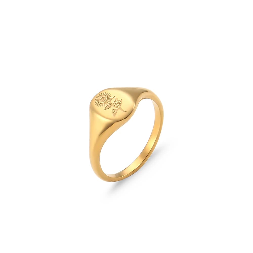 E.B.belle – bagues en acier inoxydable plaqué or 18 carats, sans ternissement, gravure de feuilles de thé aux fleurs sauvages, lavande, tournesol, chevalière pour femmes