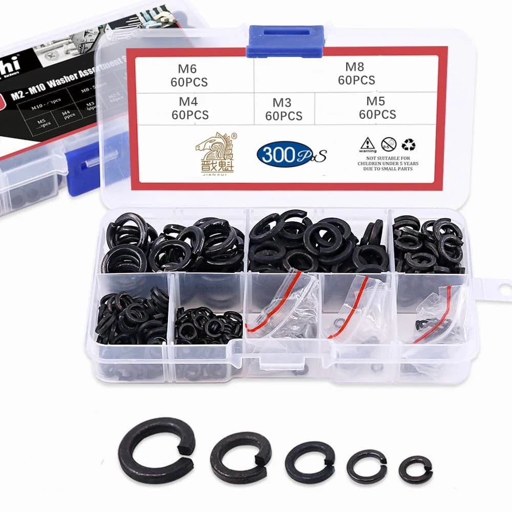 Kit d'assortiment de rondelles à ressort, 300 pièces, en acier allié zingué noir, 5 tailles - M3 M4 M5 M6 M8