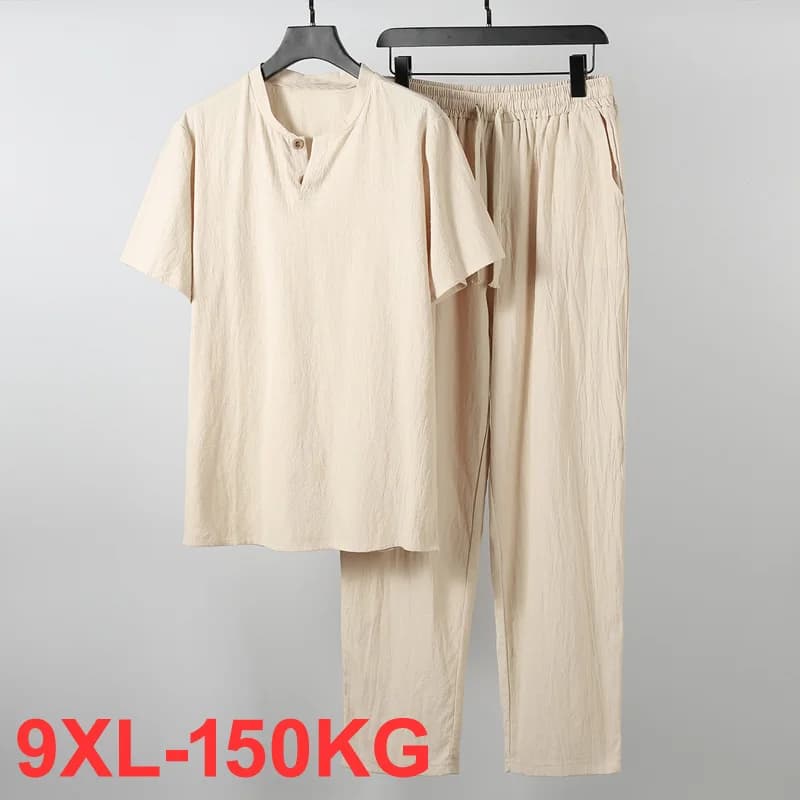 Ensemble deux pièces en lin et t-shirt pour homme, vêtement de grande taille, Style chinois, 8xl, 9xl plus, nouvelle collection été 2021