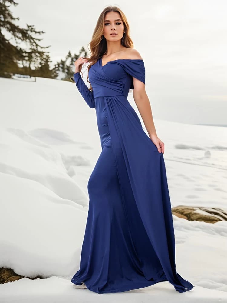 Robe de soirée longue blanche, manches longues, épaules dénudées, froncée avec ruban, longueur au sol, robe extensible