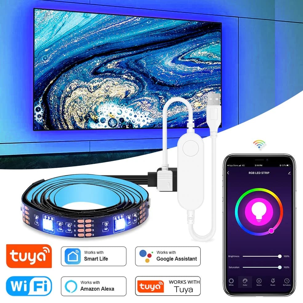 Rétroéclairage de la télévision par led,Bande Lumineuse Flexible RGB à LED USB WIFI Tuya Smart Rétro-Éclairage Compatible avec Alexa Google 50 cm 1 m 2 m 3 m 4 m 5m ,Ruban led