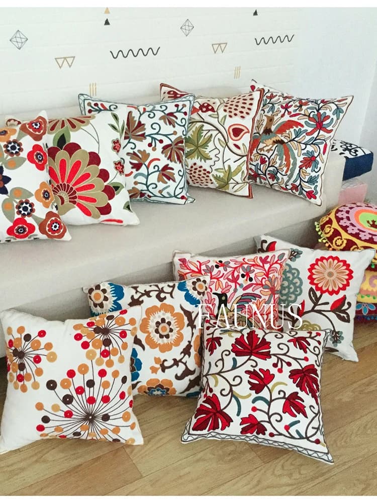 Housse de coussin brodée de fleurs européennes en coton, style bohème ethnique, 2 pièces, 45*45cm, pour la décoration de la maison