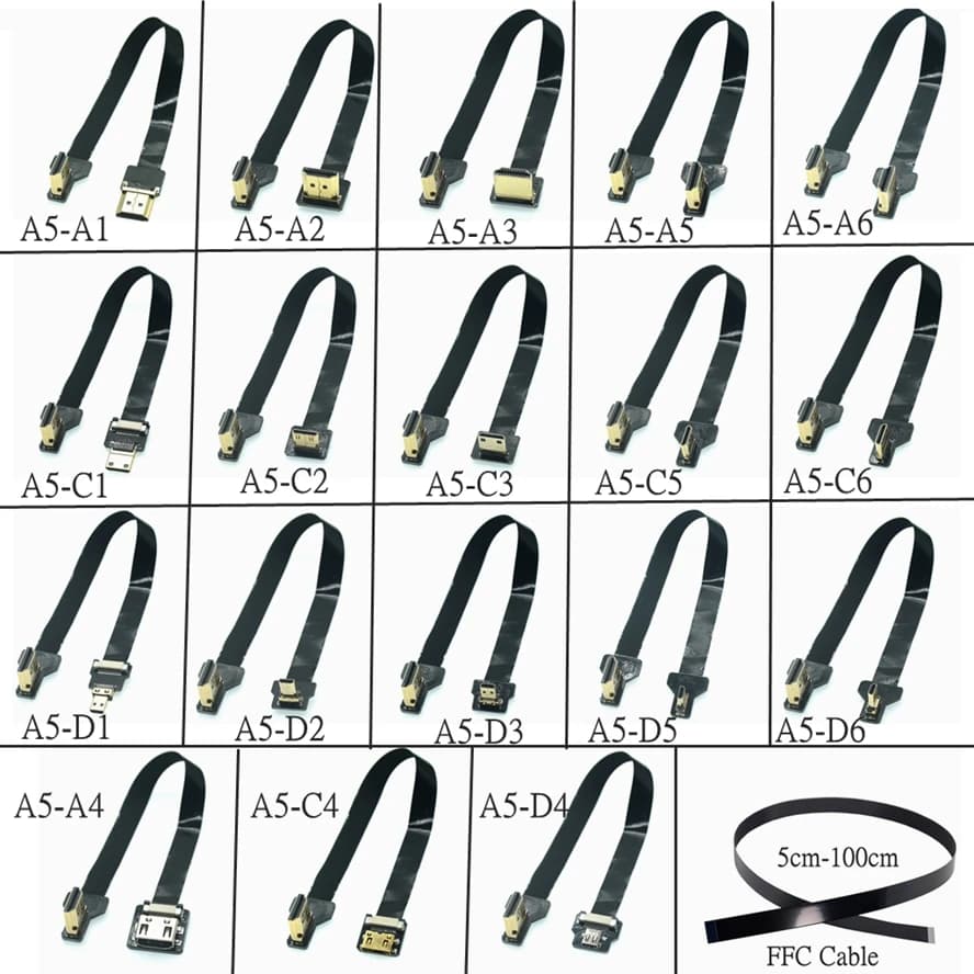 Câble plat FPV compatible HDMI avec ruban A5, câble Micro HDMI vers Mini HDMI, adaptateur résistant à 90, pas FPC, connecteur 20 broches, 5cm-80cm
