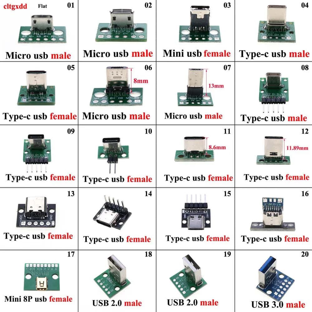 Connecteur PCB Micro Mini USB Type C, USB 2.0 3.0 Mâle et Femelle, Câble de Charge de Données Résistant à 90 °, Carte de Test Jack avec Tête de Broche, 1 Pièce