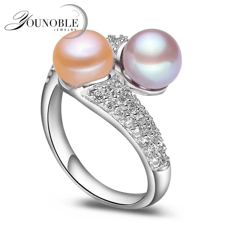 Bague en argent sterling 925 avec double perle noire d'eau douce naturelle, ajustable, pour femme, épouse, mère, anniversaire, blanche