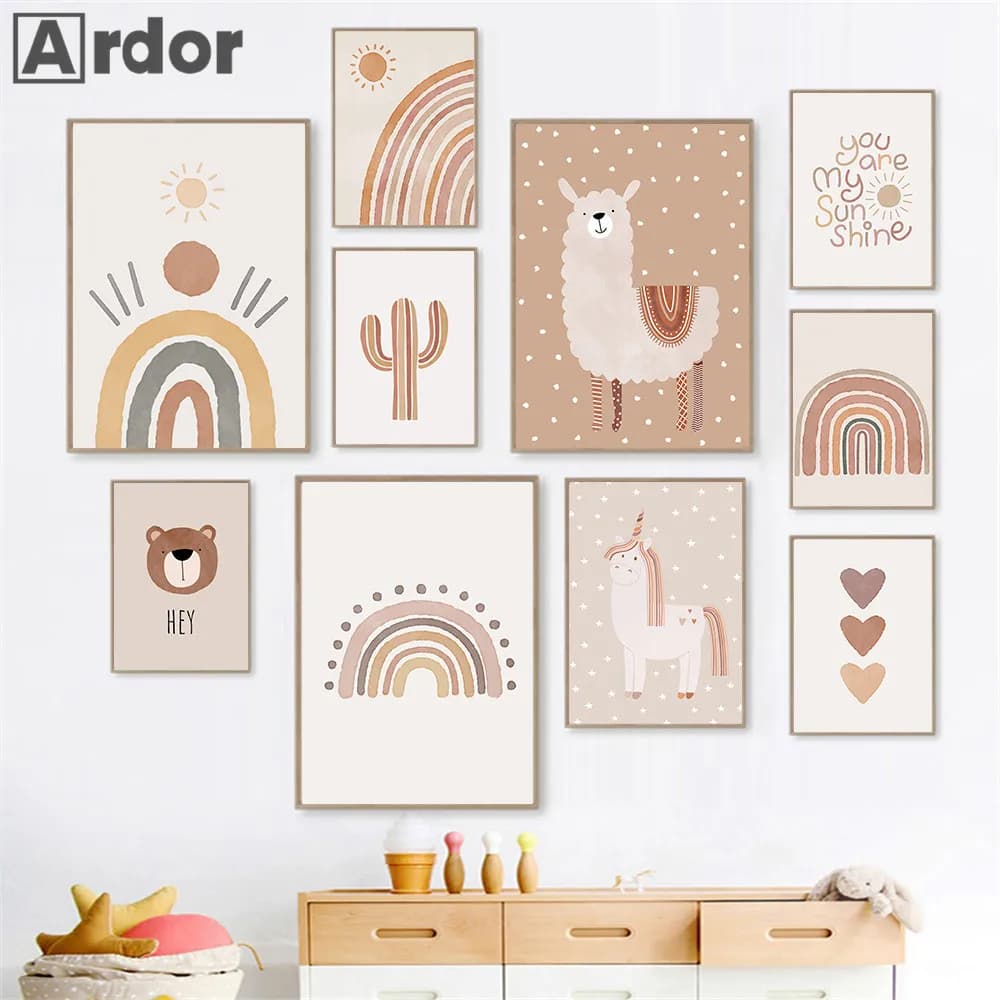 Affiche d'art mural arc-en-ciel, soleil, cœur, Cactus, ours, alpaga, peintures sur toile, affiches de licorne imprimées pour pépinière, image Boho, décor de chambre de bébé