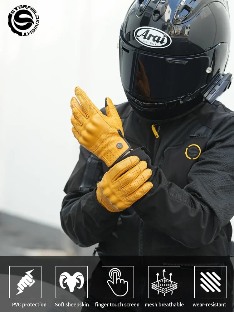 SFK – gants de moto rétro en cuir de chèvre véritable, doigt complet, Protection des articulations respirantes, accessoires d'équipement de course d'équitation, été