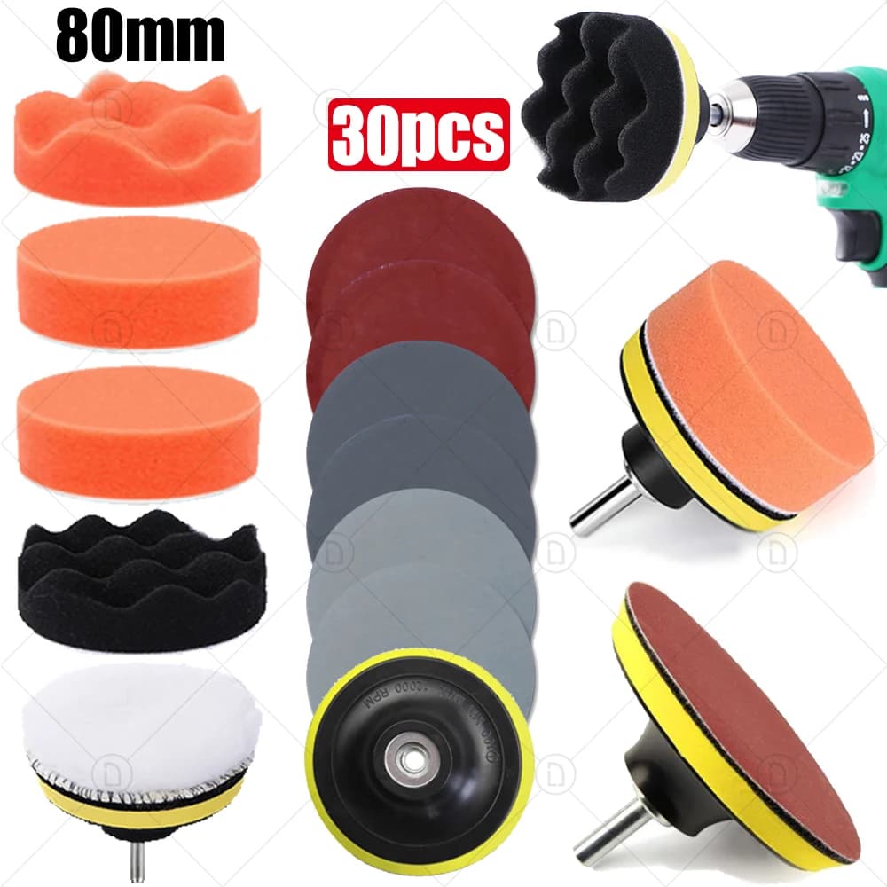 Kit de polissage de tampon éponge de cire de voiture, papier de verre de détail automatique, disque de ponçage, adaptateur de perceuse, restauration des phares