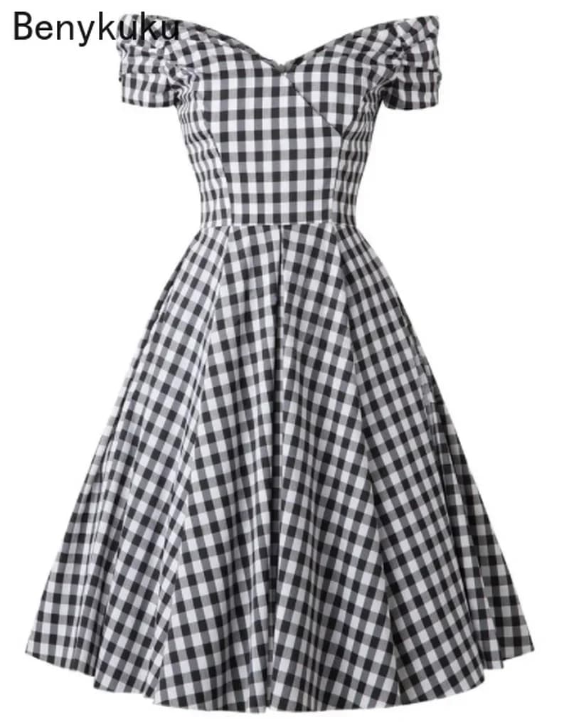 Robe à carreaux noire, épaules dénudées, Style anglais, rétro, Vintage, années 50, Rockabilly Pin Up, robes de soirée décontractées, grande taille, vêtements pour femmes