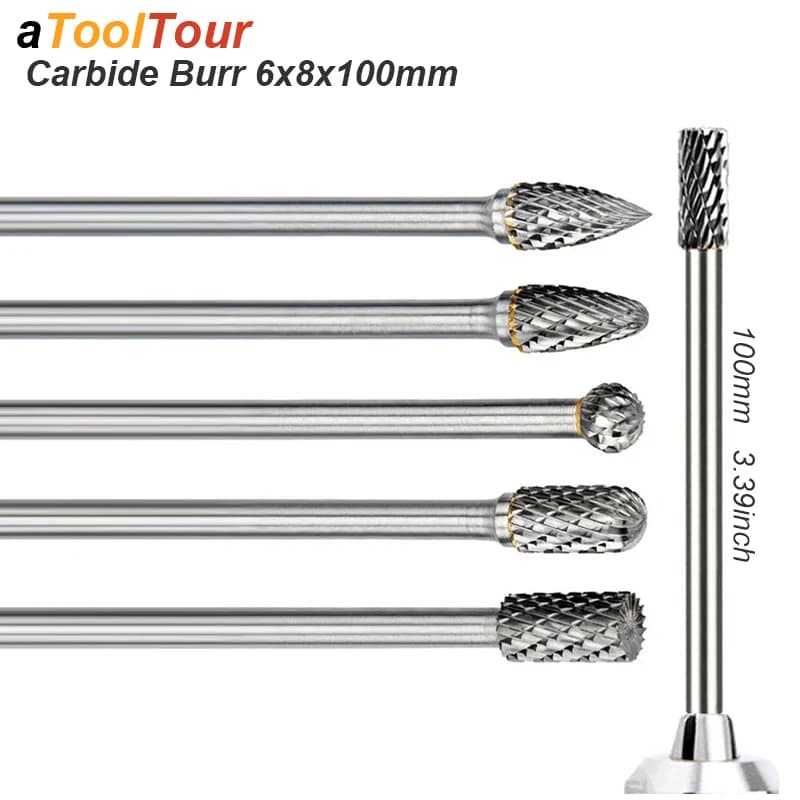 Fraises en carbure 6x8m 100mm Extra Long 1/4 tige sculpter Grinde outil abrasif coupe rotative râpe fichier fraise perceuse bois métal