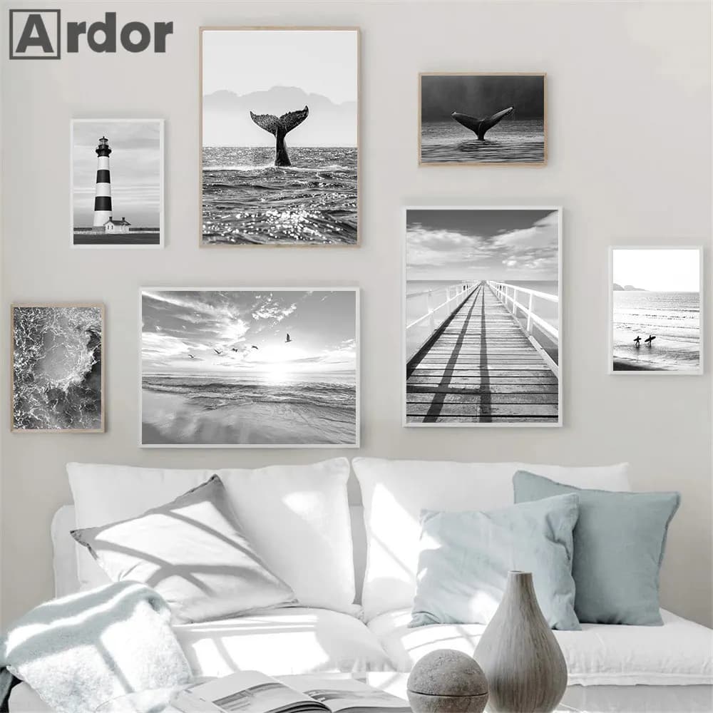 Toile imprimée avec pont de phare noir et blanc, affiche de baleine d'océan, oiseaux de plage, peinture artistique murale, image nordique, décor de salon