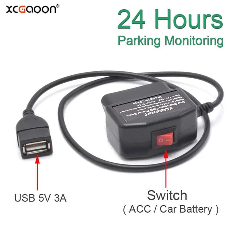 XCGaoon 24 heures 5V 3A câble de Charge de voiture USB Kit de fil dur OBD avec interrupteur fil de 0.5 mètres pour caméra de tableau de bord caméscope véhicule DVR