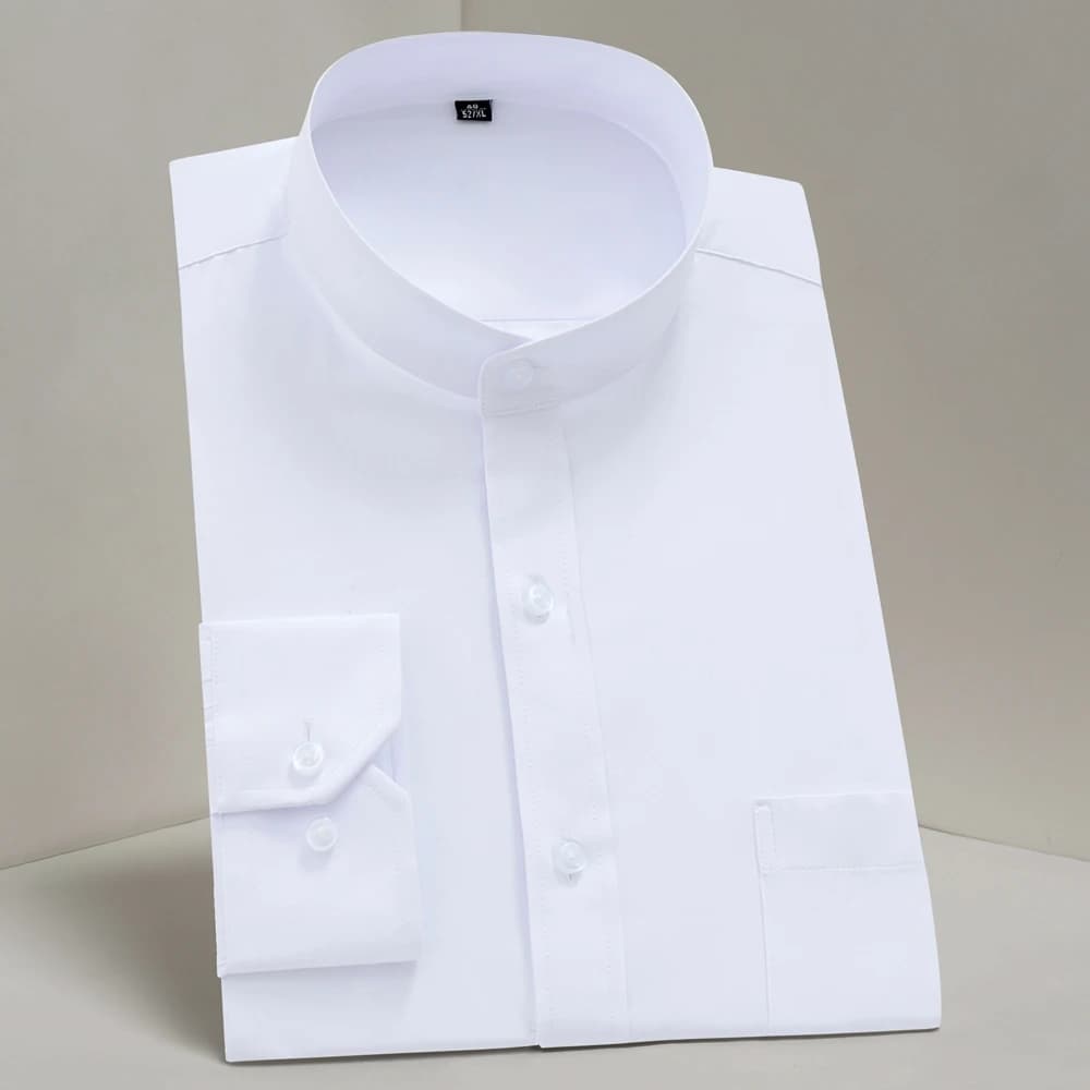 Chemise à manches longues Mao-urs pour hommes, col mandarin, poche plaquée unique, tenue décontractée intelligente, coupe standard, chemises provoqué de bureau d'affaires