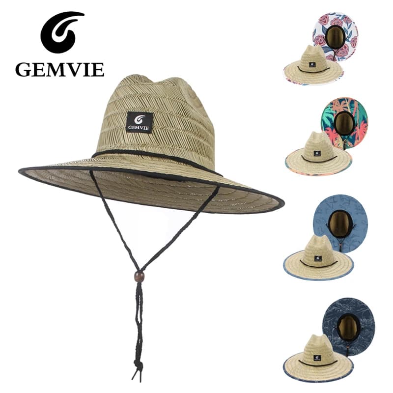 GEMVIE femmes sauveteur chapeau plage chapeau de paille impression extérieure large bord Panama chapeau été