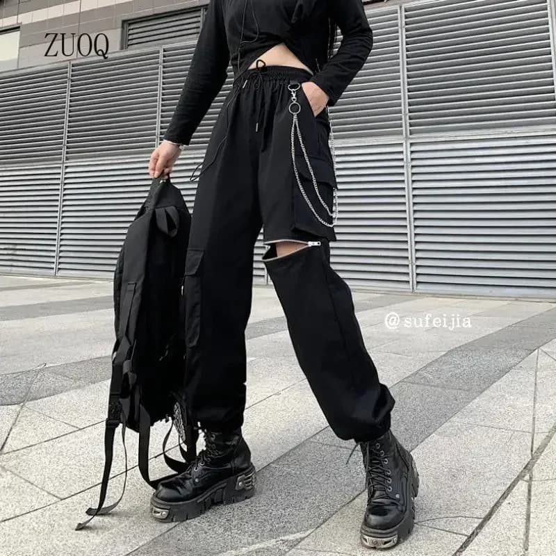 Pantalon cargo gothique 2026 pour femme, pantalon punk à chaîne gothique Harajuku noir, pantalon de survêtement taille haute, mode coréenne