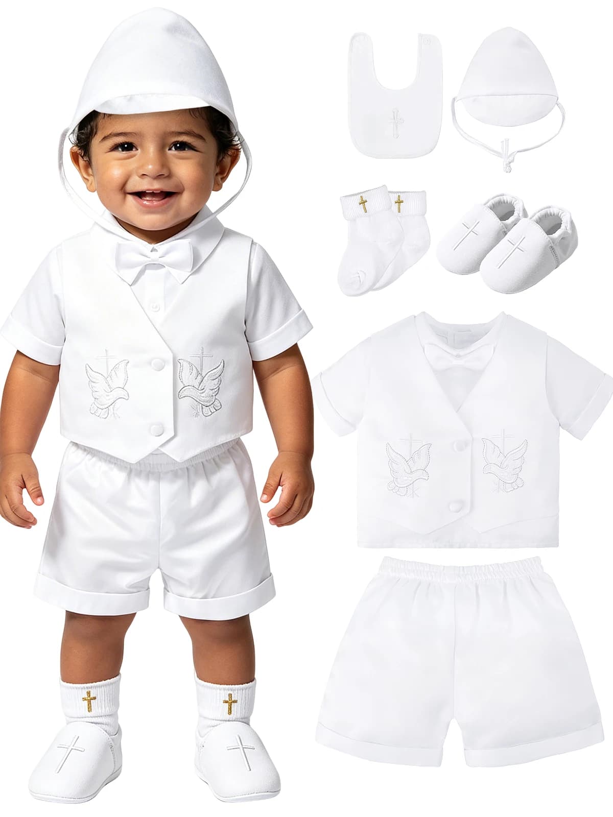 Tenue de baptême pour bébés garçons, ensemble de colombe de baptême blanche pour nourrissons, déication du nouveau-né, cadeau d'anniversaire d'église de pâques, vêtements à manches courtes