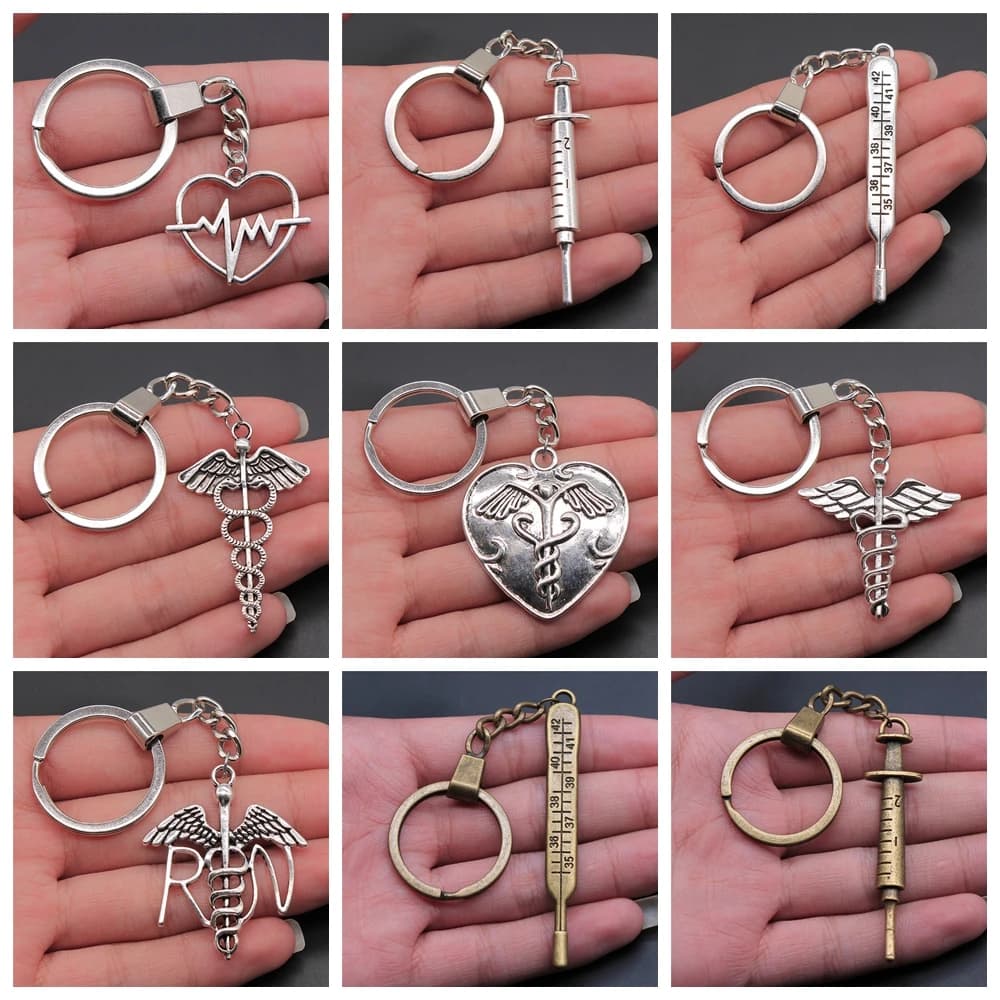 Porte-clés en alliage métallique, cadeau Souvenir pour étudiants en médecine, enseignant en métal, seringue thermomètre, symbole médical, porte-clés