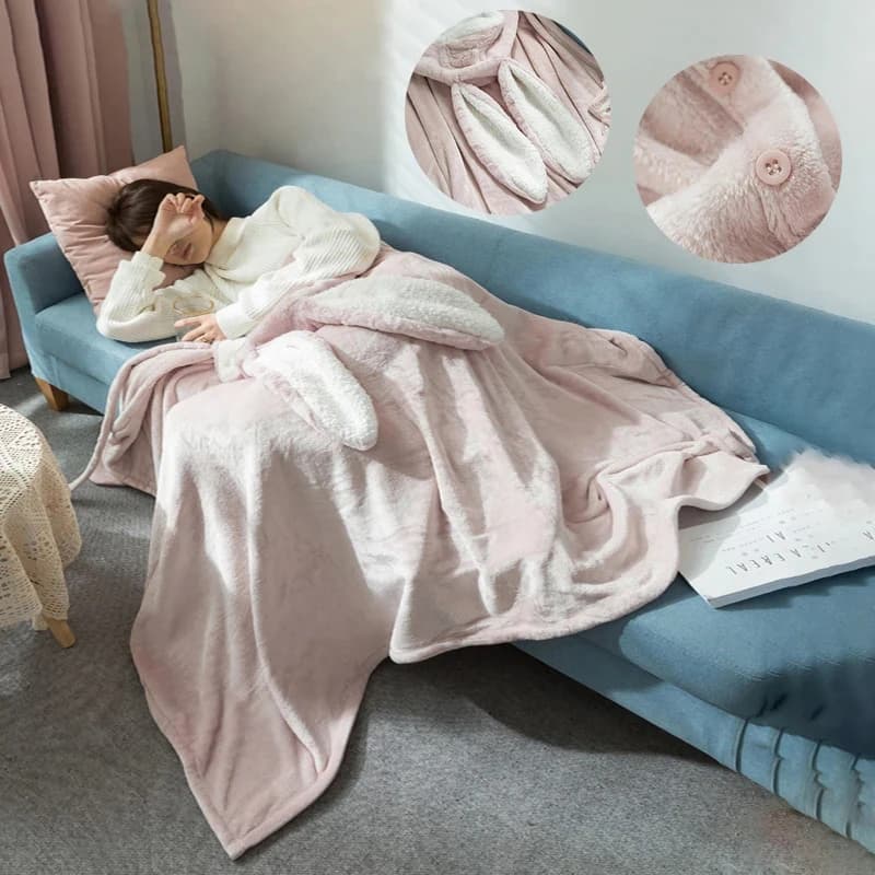 Holaroom – couverture en flanelle avec capuche, vêtement chaud pour lit, oreilles de lapin, pour enfant et adulte, en hiver