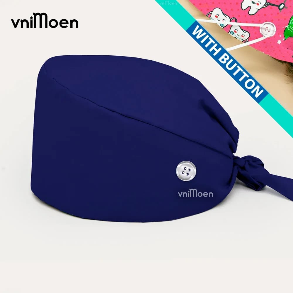 Casquettes de gommage bleu foncé avec bouton, chapeaux à nouer réglables, chapeaux de travailleurs de services de santé professionnels, casquette de chirurgie pour femmes et hommes