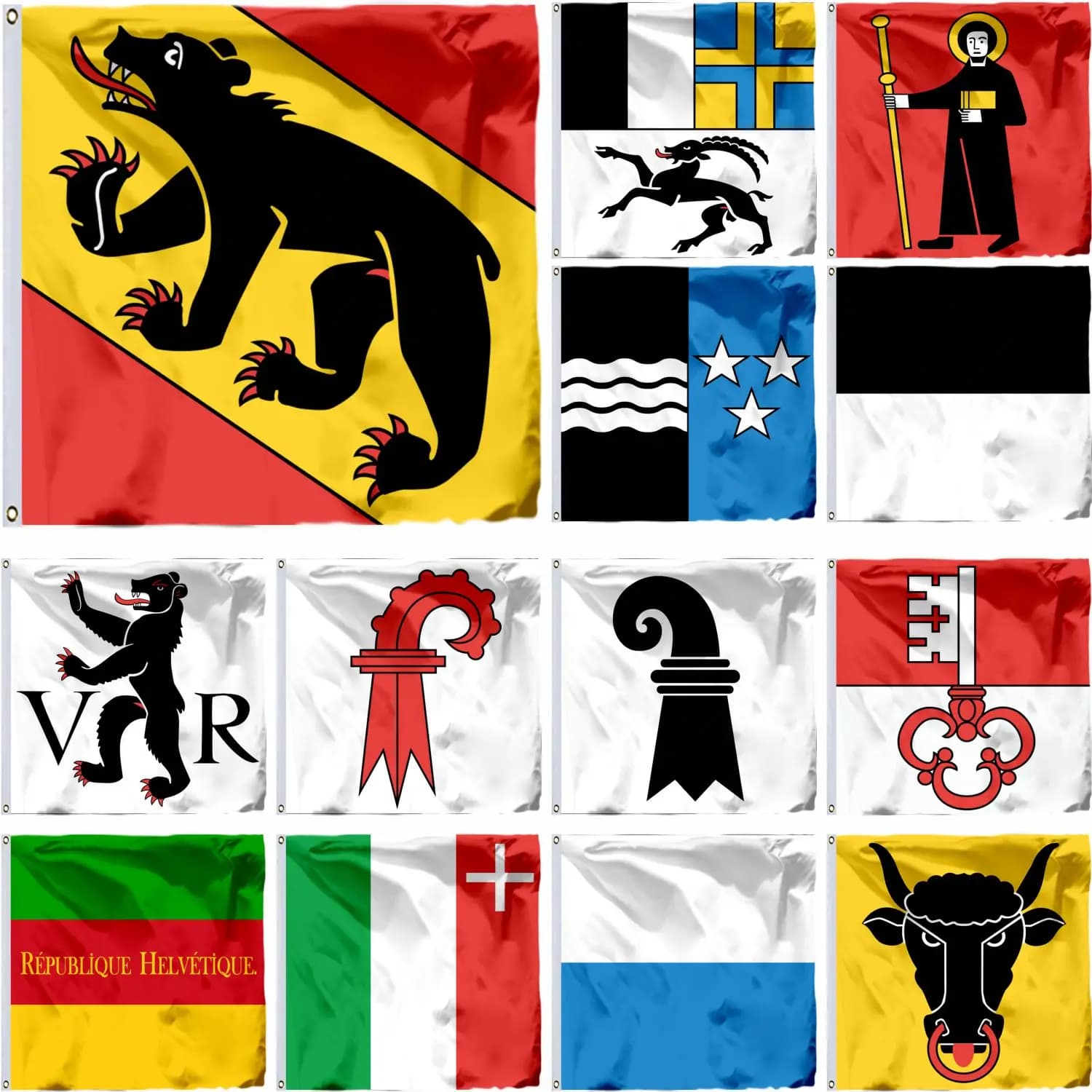Drapeau de la Suisse, Berne, 21x21 cm, 3x3 pieds, 4x4 pieds, Obwalden et Bâle, Glarus du Canton de Graubünden, Canton de l'Aargau, Bannière, Lucerne, Neuchâtel, Uri
