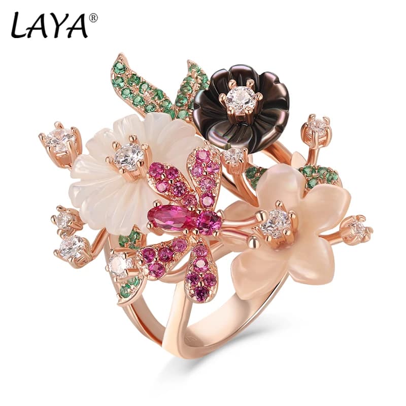 Bague Laya pour femmes, bague d'humeur, zircon rouge, vert, blanc, coquille naturelle, fleur, argent sterling 925, bijoux de mode Anillos