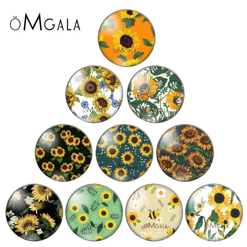 Cabochon en verre avec photo ronde, magnifiques motifs de tournesol, 12mm/14/16/18mm/20mm/25mm, 10 pièces