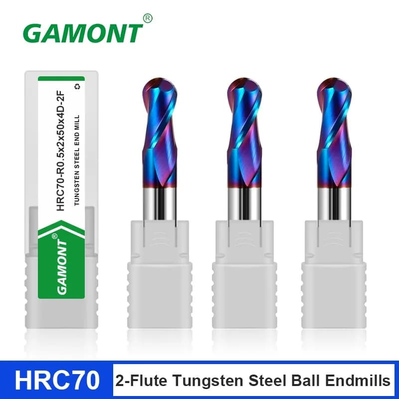 Income MONT-Fraise en carbure d'acier au tungstène à revêtement de caractéristique bleue, 2 cannelures, machine CNC, outil spécial de fraise en bout à billes, HRC70