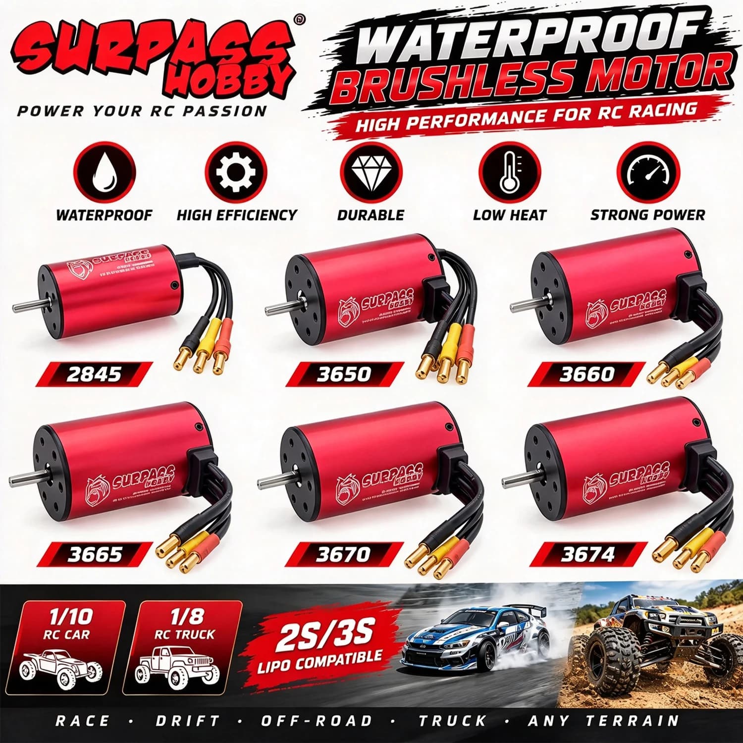 Surpass Hobby KK 2845 3650 3660 3665 3670 3674 moteur sans balais étanche pour 1/8 1/10 2S 3S RC voiture dérive course camion tout-terrain