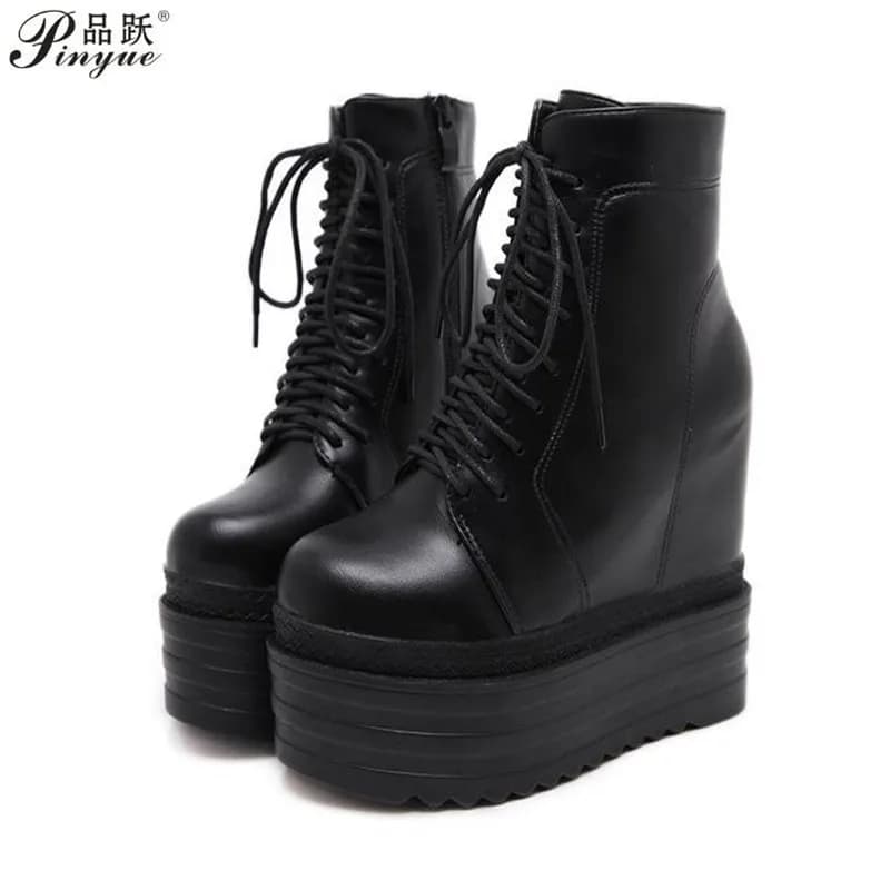 Bottines compensées blanc noir semelle en caoutchouc chaussures plate-forme bottes femmes laçage automne plate-forme talons chaussures talon 14 cm