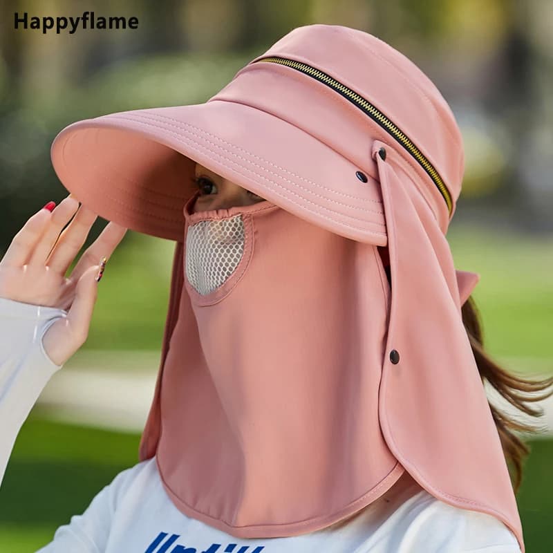 Chapeau de soleil anti-UV pour femmes, couvre-chef pliable à grand bord, protection du cou et du visage, masque amovible, casquettes de plage respirantes