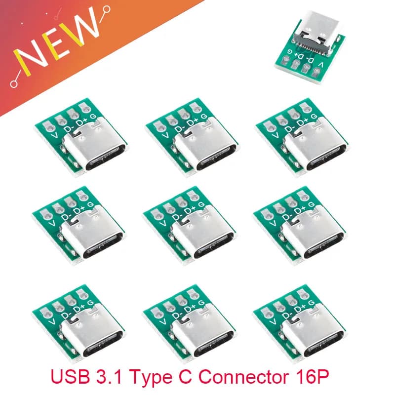 Connecteur USB 3.1 Type C, 10 pièces/5 pièces, adaptateur de carte PCB de Test à 16 broches, prise de connecteur 16P pour transfert de câble de ligne de données