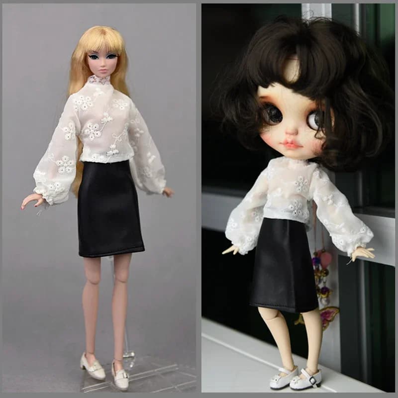 Chemise à manches longues bouffantes et jupe en cuir pour Barbie, ensemble de vêtements à la mode, tenues pour Blythe Butter House, accessoires de jouets BJD, 1/6