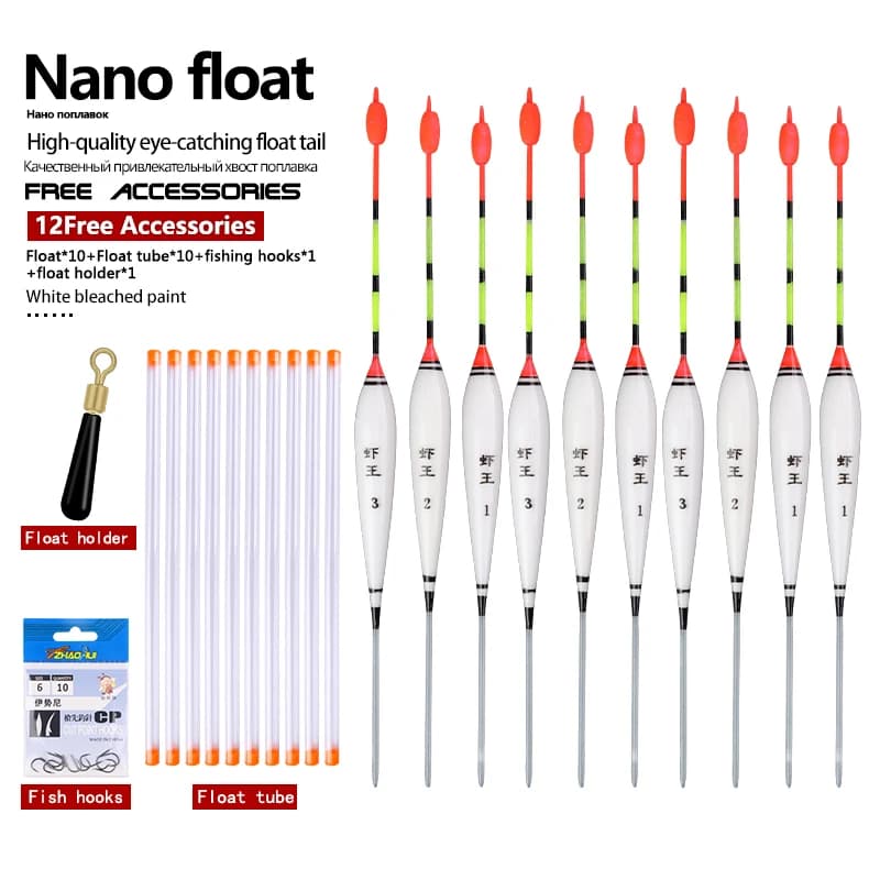 Flotteurs de pêche en eau douce, lot de 10 pièces, 10 tubes de bouée + 1 sac de crochets, accessoires et outils