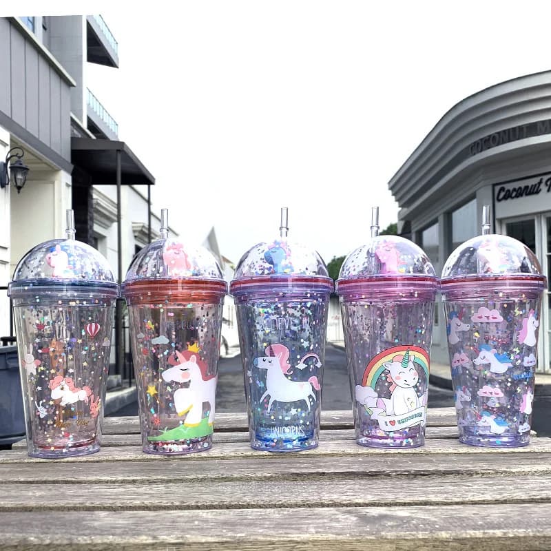 Bouteille d'eau en forme de licorne de rêve avec couvercle en paille, 350ml, pour étudiant, jolie tasse bouilloire en plastique, style dessin animé féminin