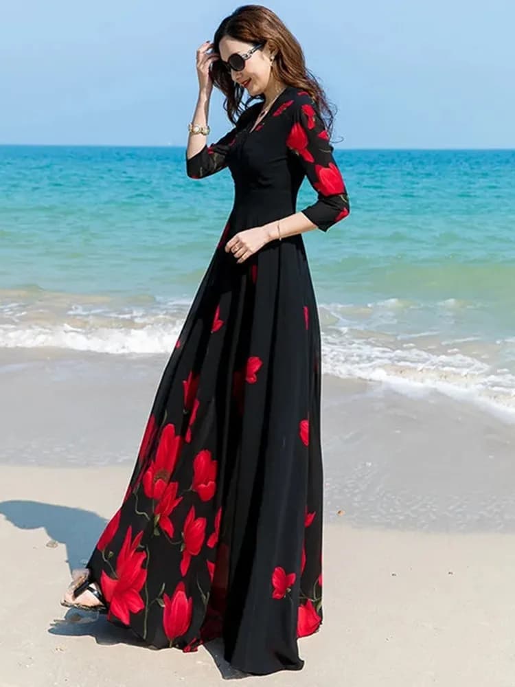 Nouvelle Robe Longue d'Été 2026 Coréenne en Chiffon Imprimé à Col en V pour Femme, Taille Cintrée, Coupe Ample et Fluide, Idéale pour la Plage
