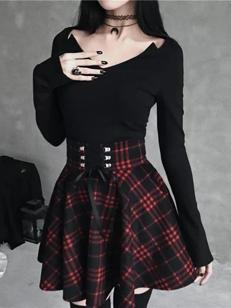 Jupe gothique à carreaux noirs pour femmes, jupes plissées à carreaux, Hip Hop, Punk, Mini jupe Clubwear, printemps automne