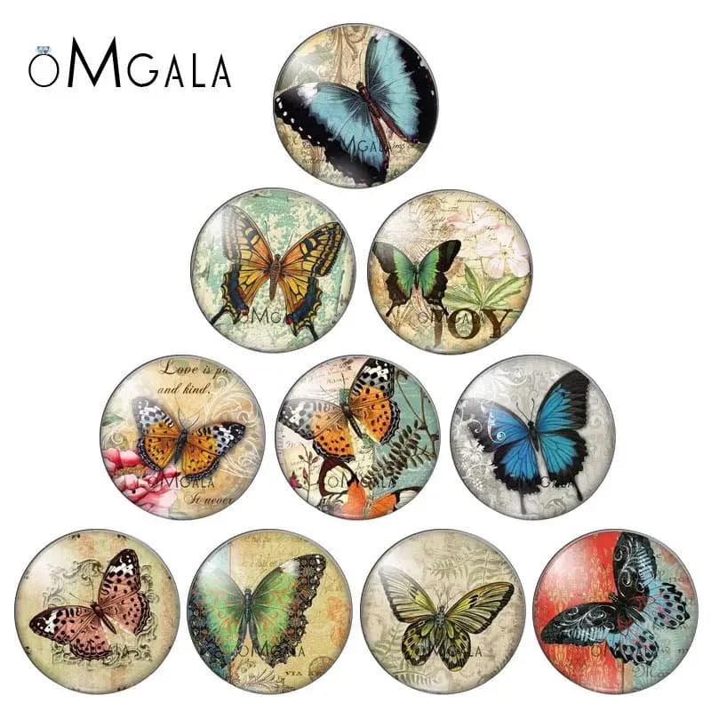 Cabochon rond en verre papillon vintage, photo rétro personnalisée, démonstration, dos plat, résultats de direction, 10 pièces, 12mm, 14mm, 16mm, 18mm, 20mm, 25mm