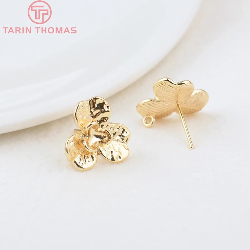 (2066) 6 pièces, 15 mm, couleur or 24 carats, en laiton, double couche, en forme de pétale, clous d'oreilles, accessoires de bijoux DIY de haute qualité