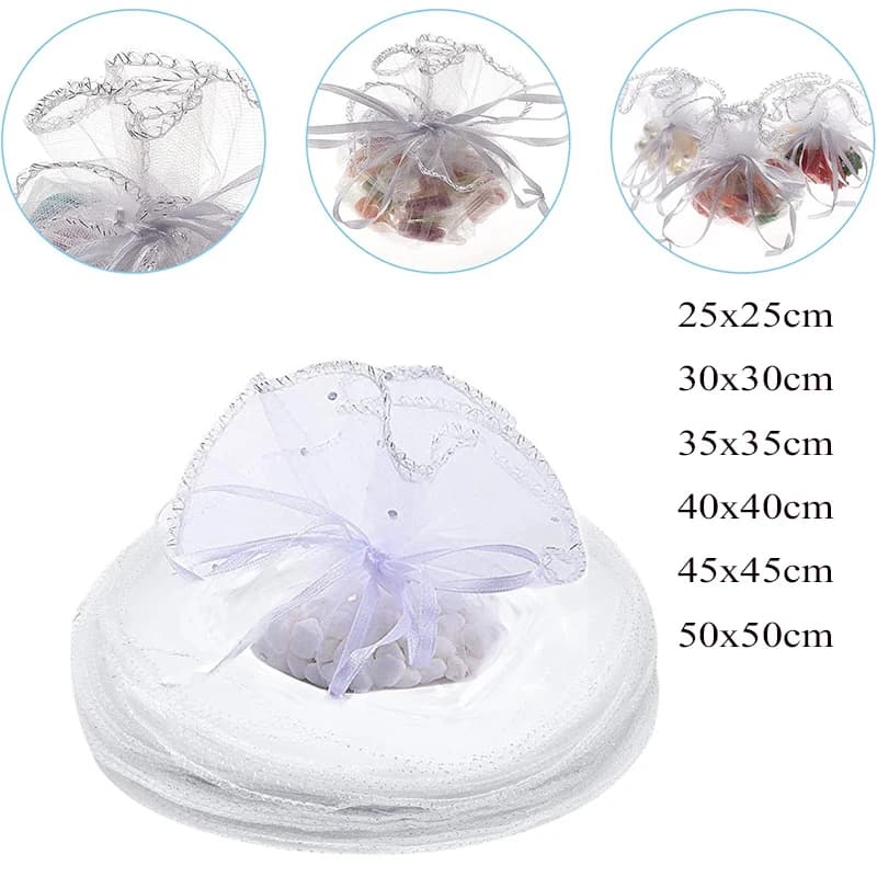 50 sacs en organza blancs ronds de 25 à 35 cm de diamètre, pour décoration de mariage, cadeaux, sacs à bijoux, pochettes d'emballage