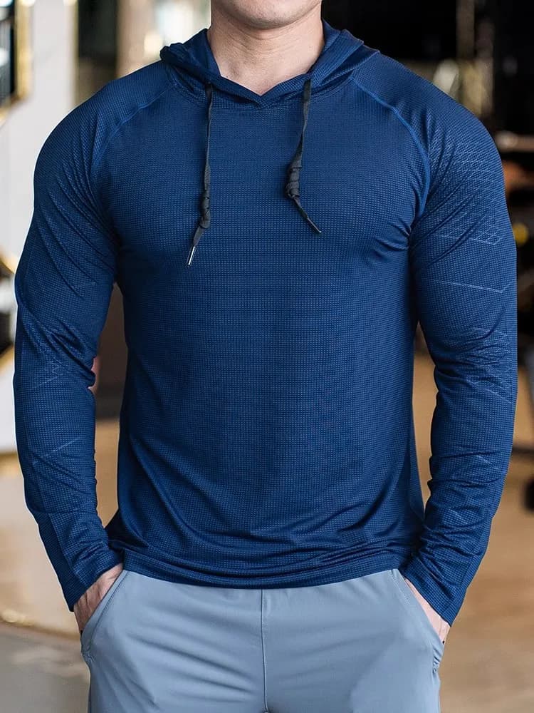 Chemises de sport à capuche pour hommes, séchage rapide, respirant, élastique, course à pied, entraînement, musculation, fitness, manches longues, haute qualité, mode
