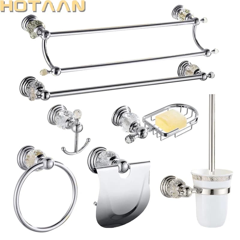 Ensemble d'accessoires de salle de bain de luxe en cristal argenté, ensemble de matériel de salle de bain en laiton chromé poli, produits de salle de bain à fixation murale, Banheiro