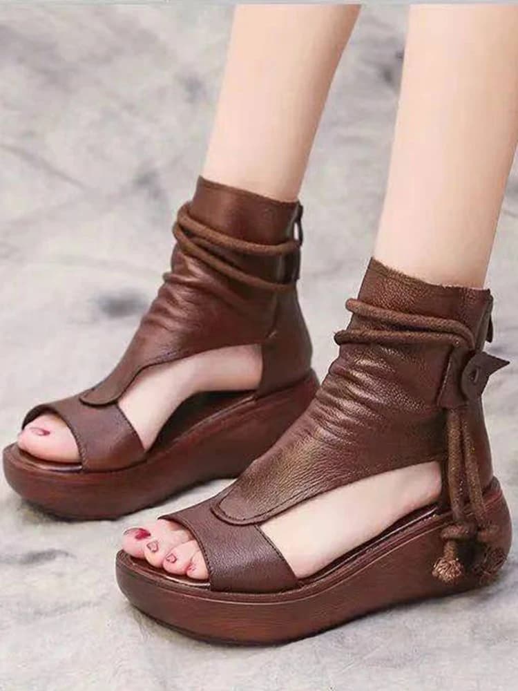 chaussure de luxe chaussure de luxe femme Comemore – sandales à semelles compensées en cuir véritable pour femmes, chaussures d'été décontractées, à bout ouvert noir, avec fermeture éclair au dos,