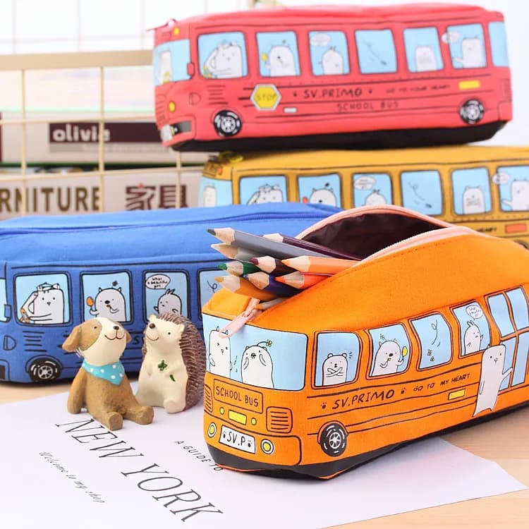 Trousse à crayons créative pour Bus scolaire, Animal de dessin animé, grande capacité, sac à crayons en toile mignon, papeterie scolaire, sac à stylos, support de rangement