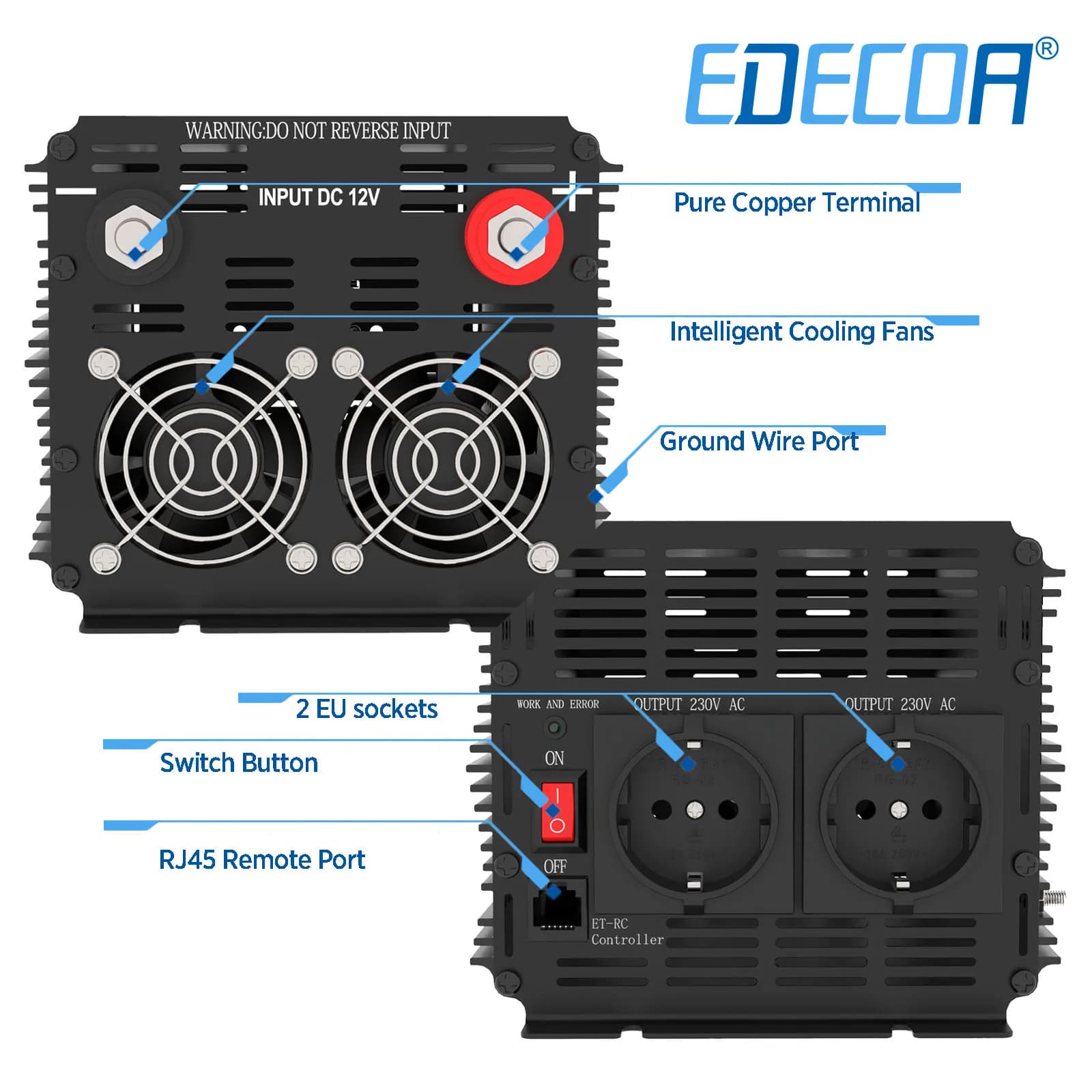 Onduleur à onde sinusoïdale Pure 12v 220v, 1500w 2000w 2500w, hors réseau, onduleur de puissance Edecoa, convertisseur DC 12v à 230v 12V 220V