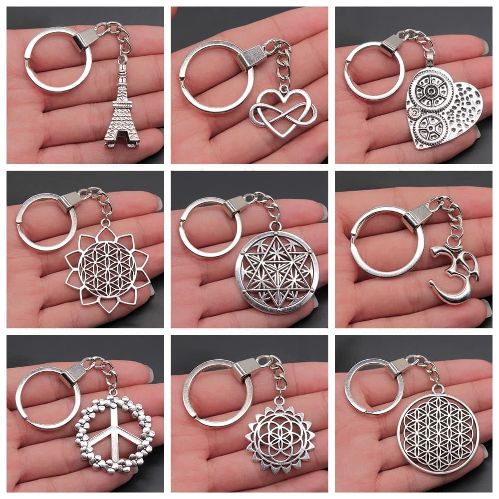 Porte-clés 30mm pour hommes, nouvelle mode, bricolage, support métallique, tour Vintage, cœur sculpté, fleur de vie, pendentif, cadeau Souvenir